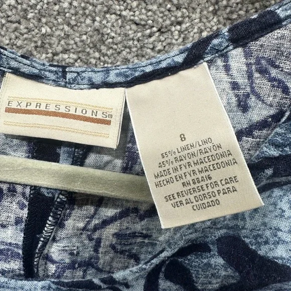 VTG Expressions Maxi Dress Size 8 Blue Floral Linen Rayon Sleeveless Coastal - Picture 3 of 11